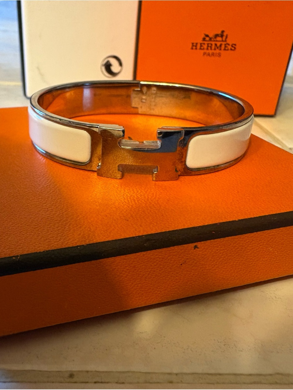Hermes White Enamel Clic H Bracelet - Women's Luxury Bangle